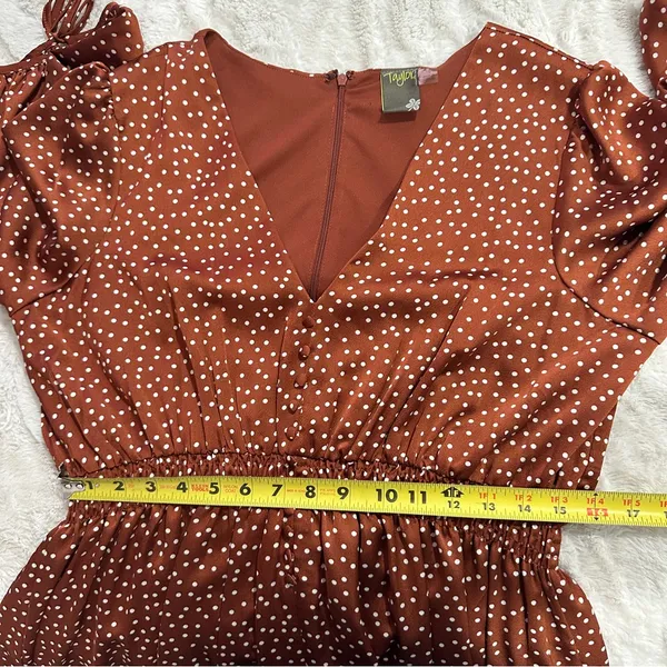 Taylor Rust Polka Dot Midi Dress Size 16 V-Neck Smocked Boho Chic - Image 12