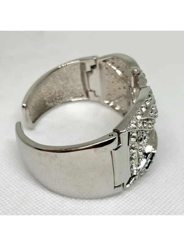 Silver tone women’s cuff bracelet watch 35mm quartz analog rhinestones 7.5” runs - Image 6
