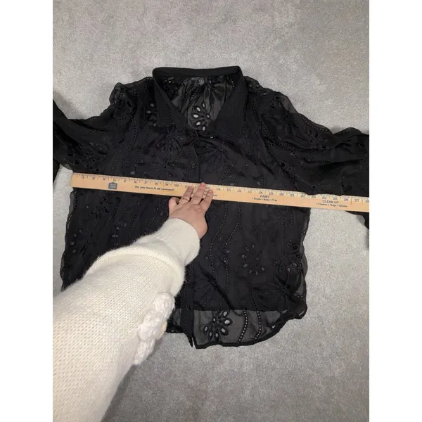 adrianna papell black sheer blouse button up black floral eyelet detail xl‎ - Image 5