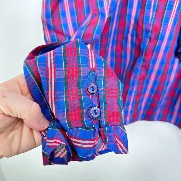 Vintage 70s Plaid Prairie Blouse Eyelet Lace‎ Victorian Revival High Neck Ruffle - Image 7