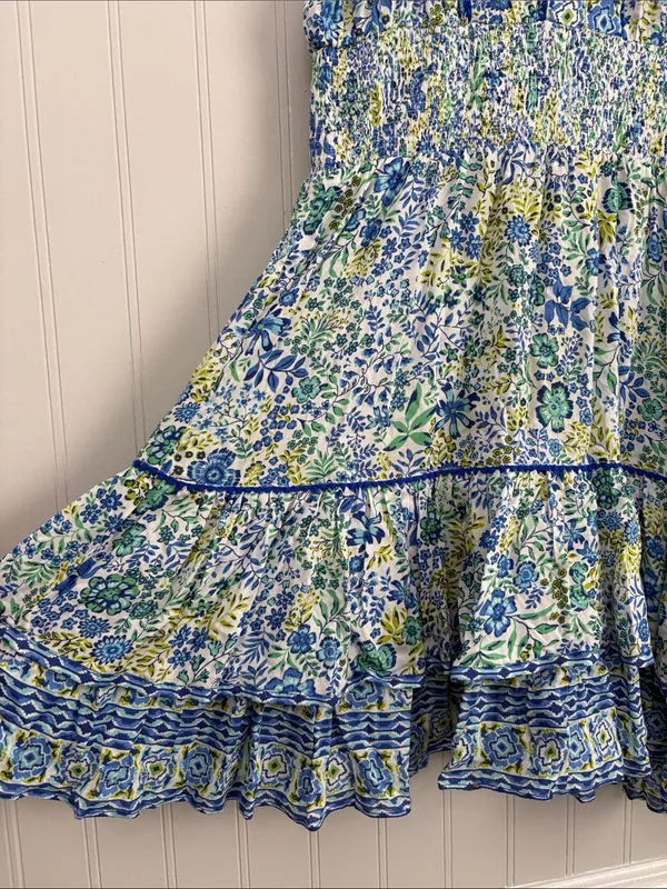 Poupette St Barth Short Sleeve Tiered Mini Dress Women Size Small Blue Green - Image 4