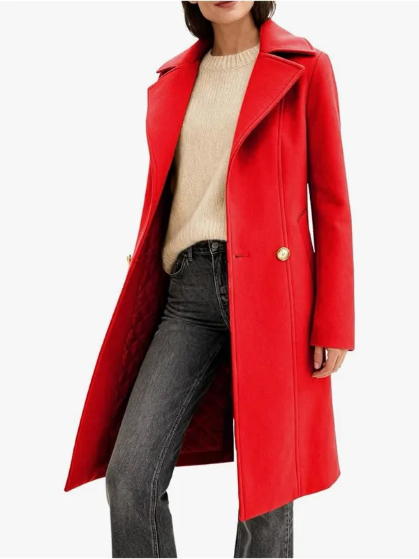 Women's Red Pea Coat Long Sleeve Regular Fit Overcoat Winter Outerwear AW5 - Image 5