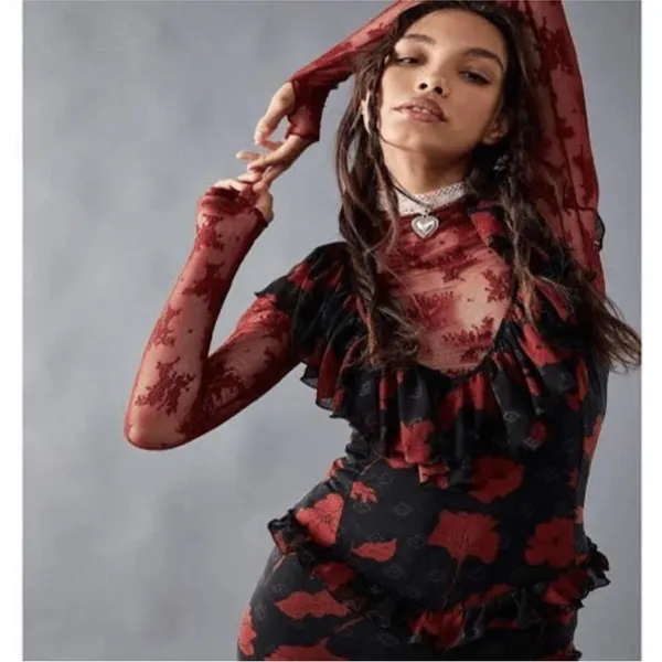 Free People Austyn One Piece Jumpsuit Red Floral Size‎ S boho flare ruffle - Image 13