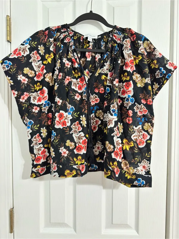 Marc New York Jeans Floral Oversized Blouse XL Black Multicolor Tassel Tie - Image 2