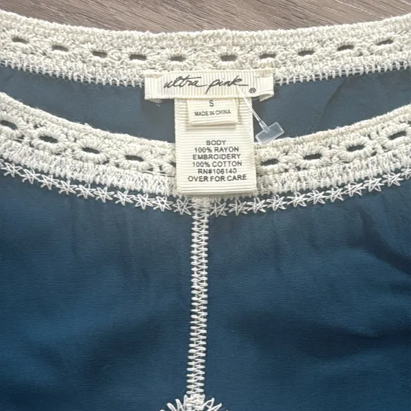 Ultra Pink Blue Embellished Blouse with Peter Pan Collar Crochet Detail Boho Top - Image 3
