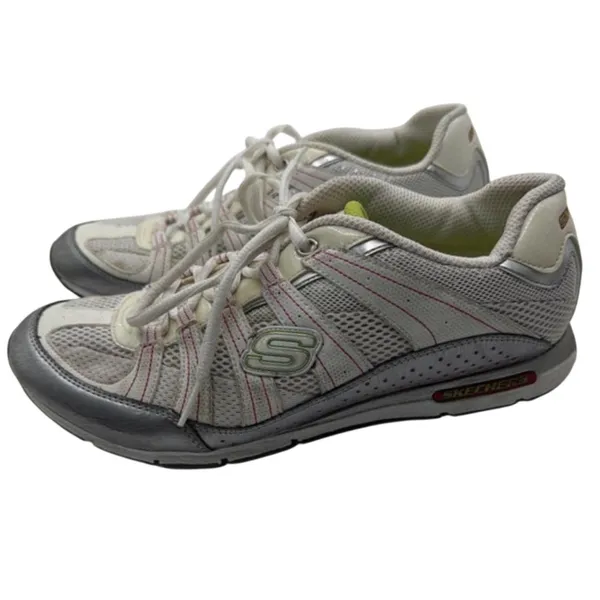 Skechers Sport Sneakers Mesh Lace Up Women 8.5 Silver White SN 12246 Gym Running - Image 2