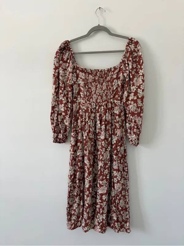 Altar’d State Rust Brown White Floral Peasant Square Neck Long Sleeve Midi Dress - Image 2