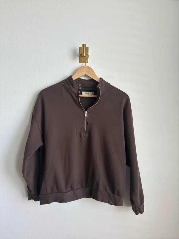 Set Active Chocolate Brown Half Zip Sweatshirt Womens Medium 100% Cotton Pullover - Image 5