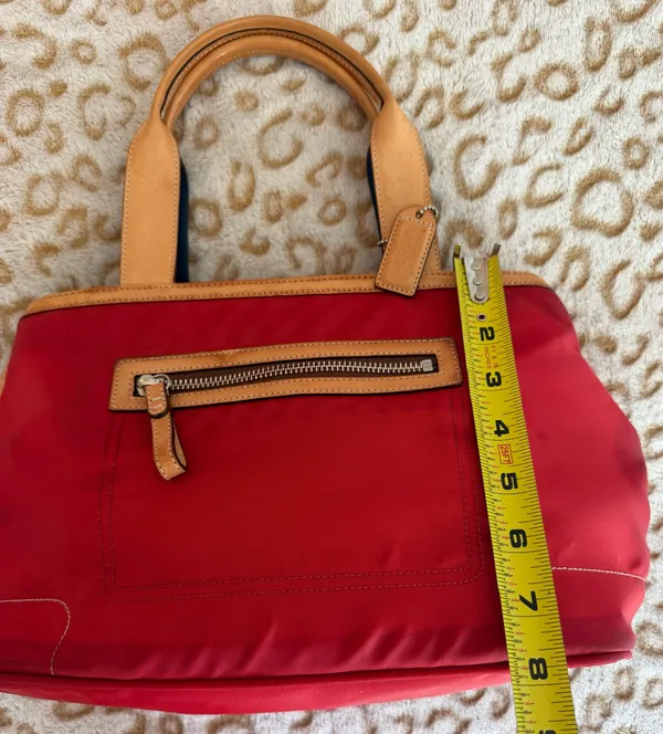 Coach Hampton Red Nylon Tote with Tan Leather Strap Handbag Women's - Image 8