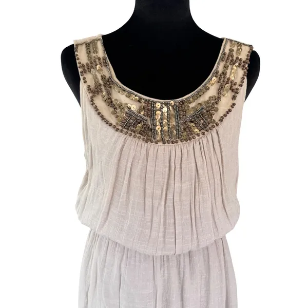 Womens L-XL Taupe Beaded Sequin‎ Neckline Sleeveless Maxi Dress Cowl Back - Image 4