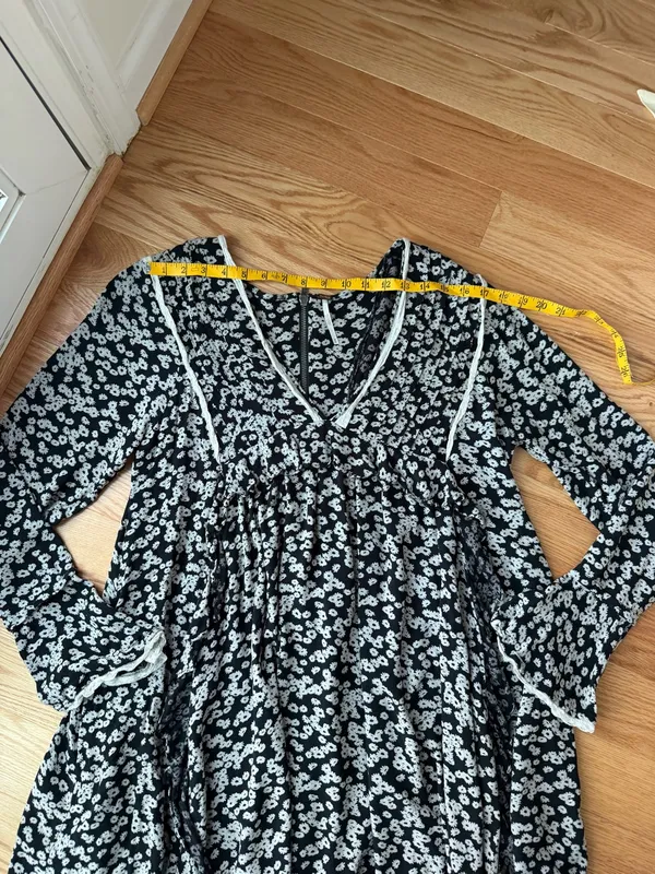 Free People Like You Best Black Floral Bell Sleeve Mini Dress Tunic M - Image 8