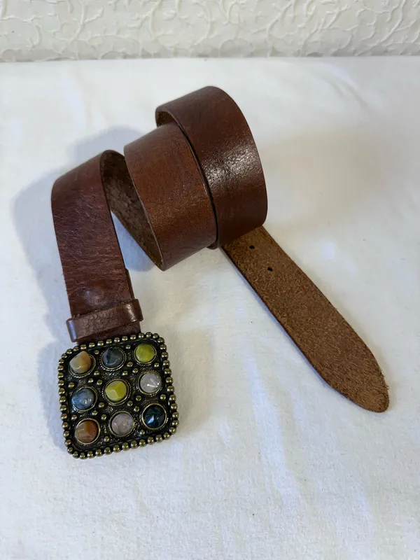 Vintage Lucky Brand Y2K Brown Studded Leather Crystal Buckle Belt Wide Western - Image 2