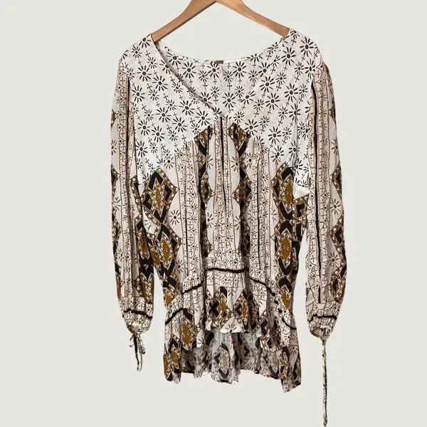 Free People Mixed Print V-Neck Tunic Mini Dress Brown Cream Mustard Size M - Image 3