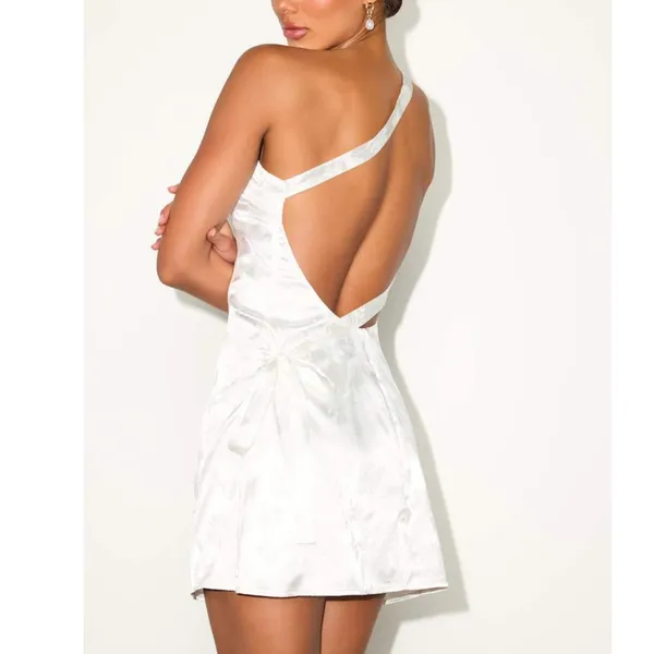NEW Lulus Yvonne Ivory Jacquard Satin One-Shoulder Open Back Mini Dress Small - Image 5