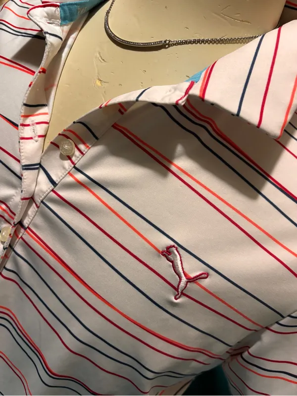 PUMA women’s White Striped Polo Shirt with fuscia, orange &Navy Accents size XL - Image 2