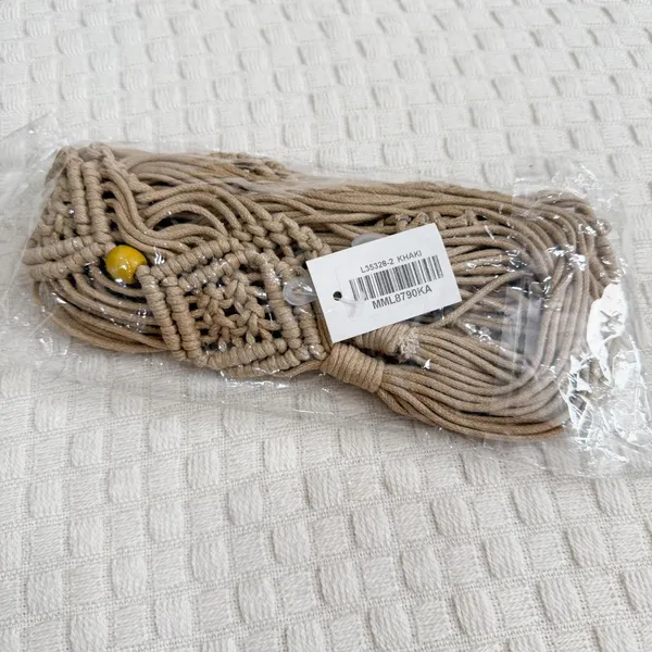 NWT Macrame Boho Woven Rattan Straw Rope Braid Waist Belt Khaki Tan - Image 6