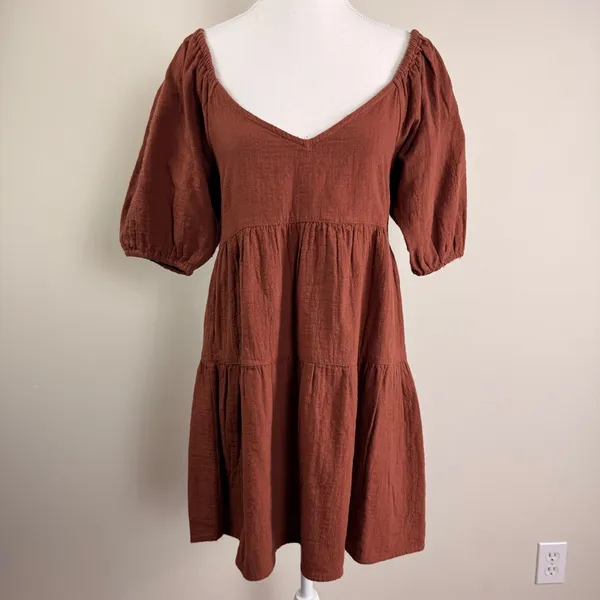 Billabong Fall For Ya Brown Cotton Gauze Tiered Puff Sleeve Mini Dress NWT Small - Image 2