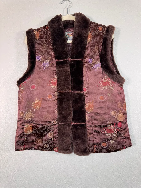 April Cornell Brown Quilted Floral Faux Fur Trim Vest Womens M Fall Boho Vintage - Image 7