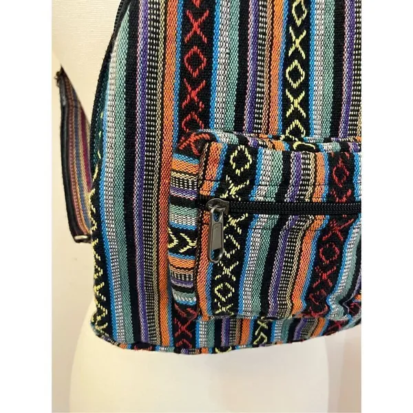 Boho Striped Hemp Mini Festival Backpack Blue - Image 4