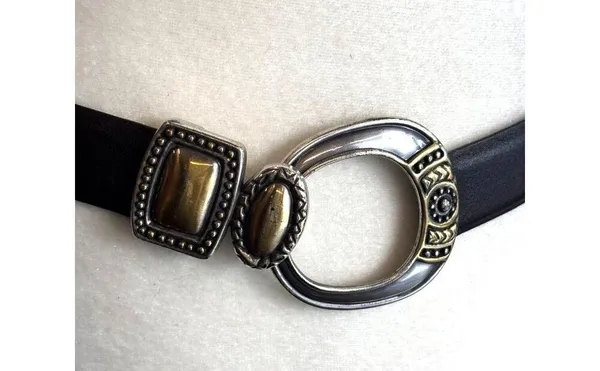Chicos Black Leather Belt With Silver & Gold Decorative Buckle S/M - Image 3