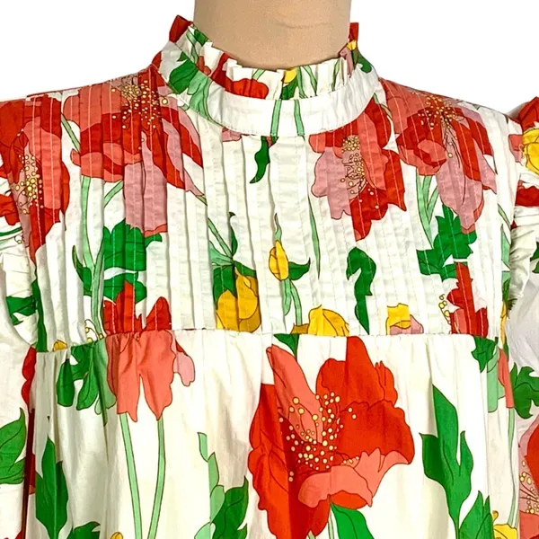 Think Of Me Cottagecore Floral Shift Dress Bodice Ruffled Collar Puff Sleeves L - Image 3