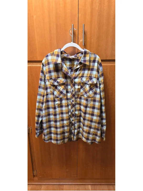 Duluth Trading Co. Women’s 2X Mustard Blue Plaid 100% Cotton Button Front Shirt - Image 2