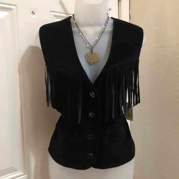 NWT Black Genuine suede leather fringe vest button up front-western boho indie goth grunge Size M-measurements in pics - Image 3