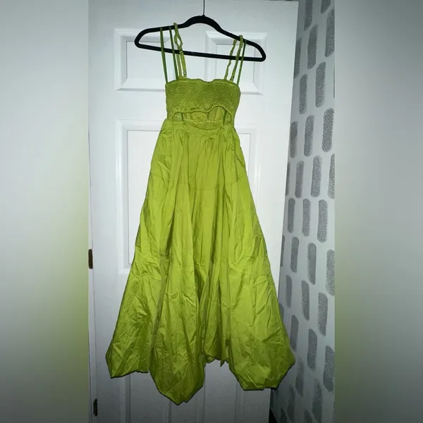 Anthropologie NWT V-Neck Tiered Bubble-Hem Dress Size XSP Lime 100% Cotton - Image 5