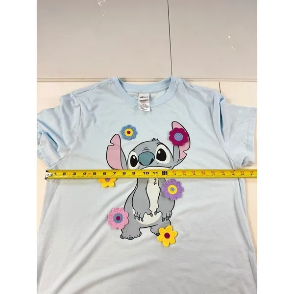 Disney Stitch Flower T-Shirt Womens Blue Graphic Crew Neck Short Sleeve‎ - Image 5