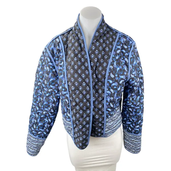 Reversible Women's Pink Blue Quilted Floral Open Front Crop Puffer Coat Jacket M - Image 2