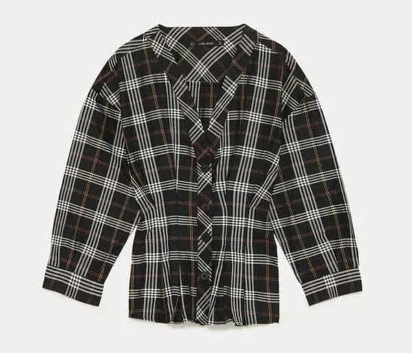 Zara Plaid Peplim V-Neck Blouse Top 3/4 Sleeves - Image 2