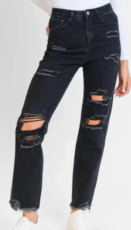 Pink Lily Megan Black Wash Distressed Straight Leg Tall Mom Jeans - Image 4