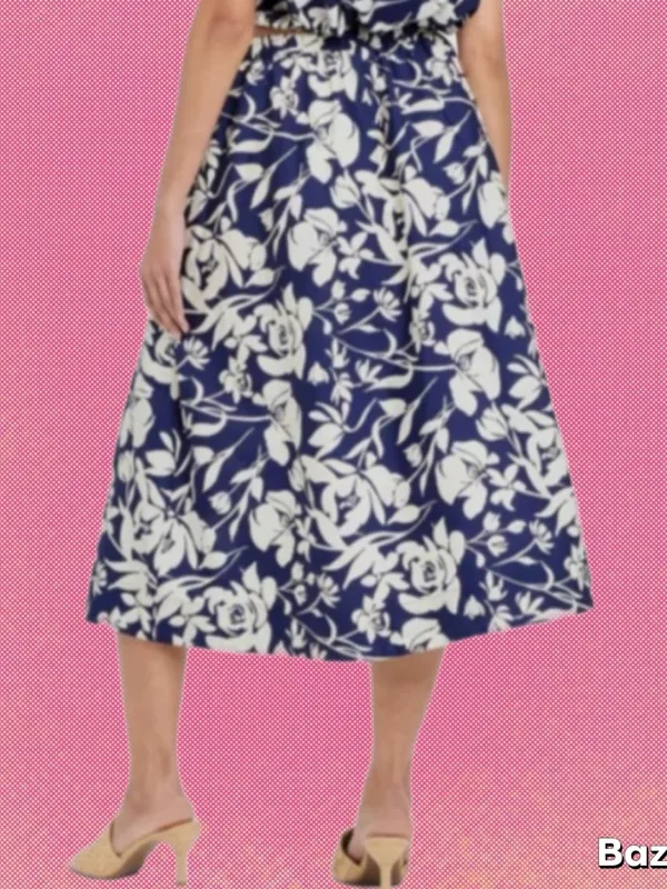 NWT Floral Navy and White A-Line Cotton Midi Skirt with Pockets - Image 2