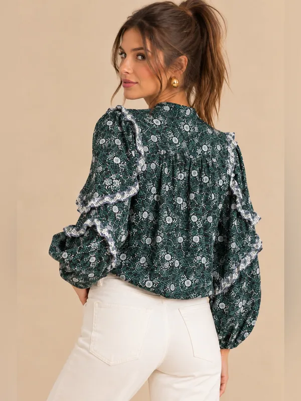 J.Crew Green Ditzy Floral Ruffle Trim Button Front Yolk Long Sleeve Blouse Small - Image 3