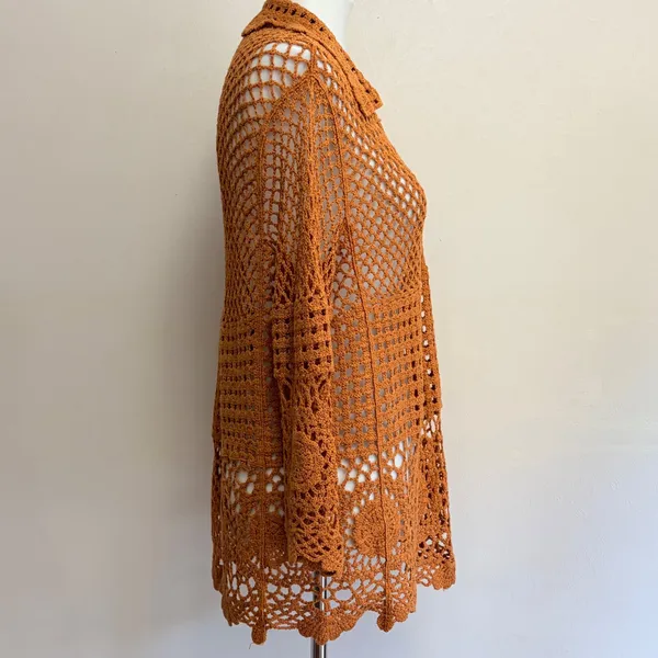 Cato Crochet Tunic Top L Rust Orange Cotton Open Knit Boho Vacation Festival - Image 4