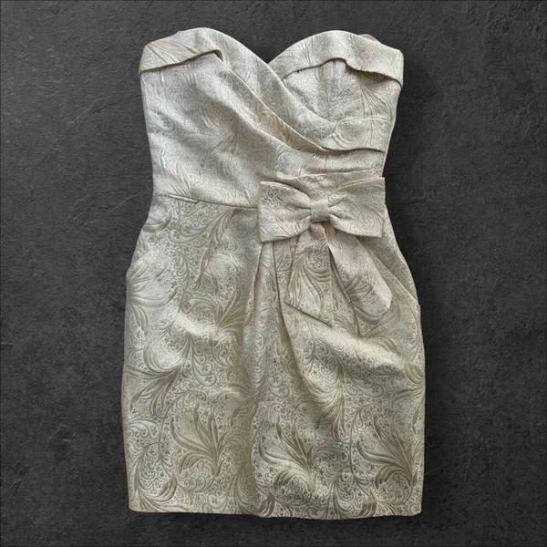 Vintage Y2K Women's Taboo Strapless Cream Gold Jacquard Formal Mini Dress sz S - Image 4