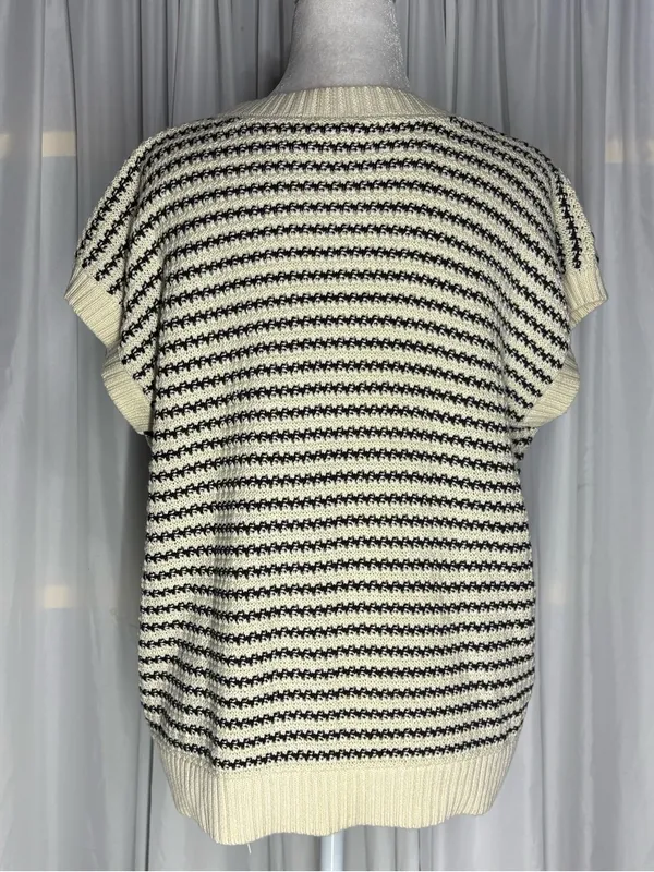 Striped Cream & Black Short-Sleeve Knit Sweater Size M - Image 4