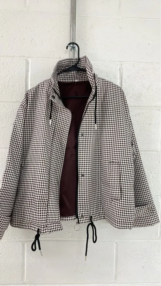 Amazon Women Gingham Zipper Bomber Jacket Stand Collar Long Sleeve Jacket Cropped Outwear with Pockets - Image 2