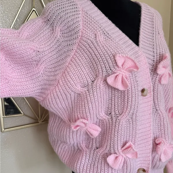 Pink Bow Knit Cardigan Sweater Coquette Cottagecore Oversized XL - Image 3