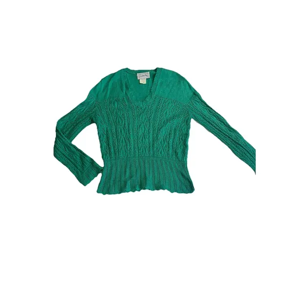 VTG Leslie Fay Sweater Size 10 Green Crochet V Neck Pointelle - Image 3