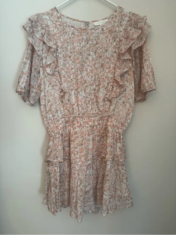 LoveShackFancy Natasha Mini Dress Size Medium Vanilla Foam Pink Floral Ruffle - Image 2