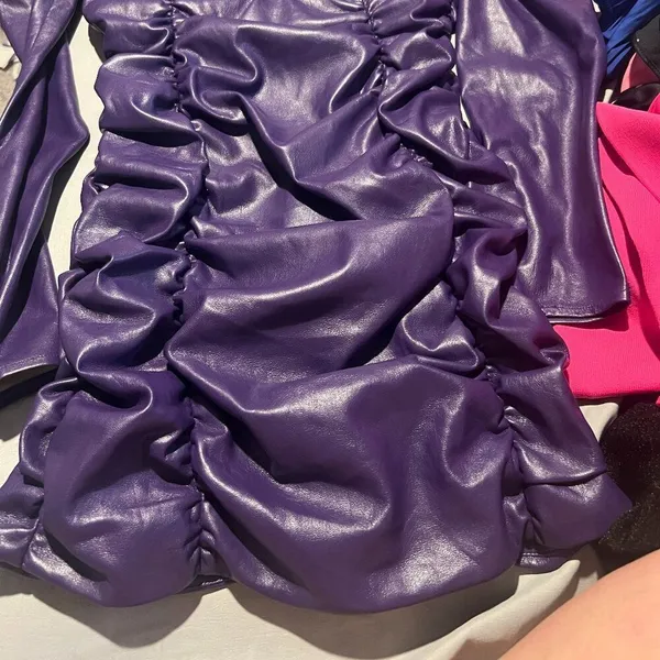 New Revolve Lovers + Friends Bardot Vegan Faux Leather Purple Mini Dress S‎ - Image 6