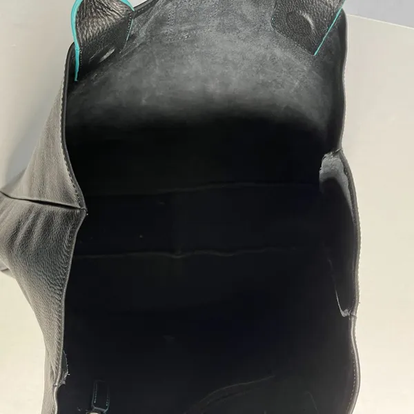 Black Deertan Cowhide Leather Tote Bag Teal Trim Classic Minimalist Purse‎ - Image 8