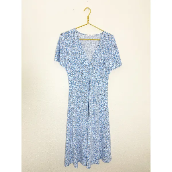 Mango Poma Floral Midi Dress Size Medium Blue Cottage Coquette Chic Jersey - Image 4