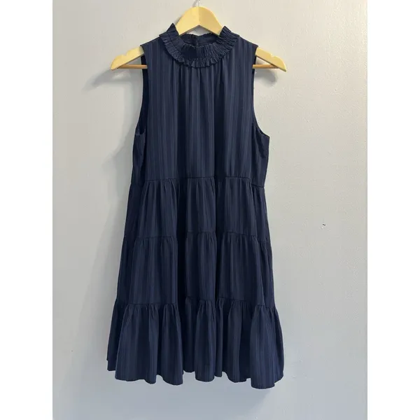 GLAM Navy Blue Tiered Mock Neck Mini Dress Sleeveless Ruffle Babydoll Size M - Image 2