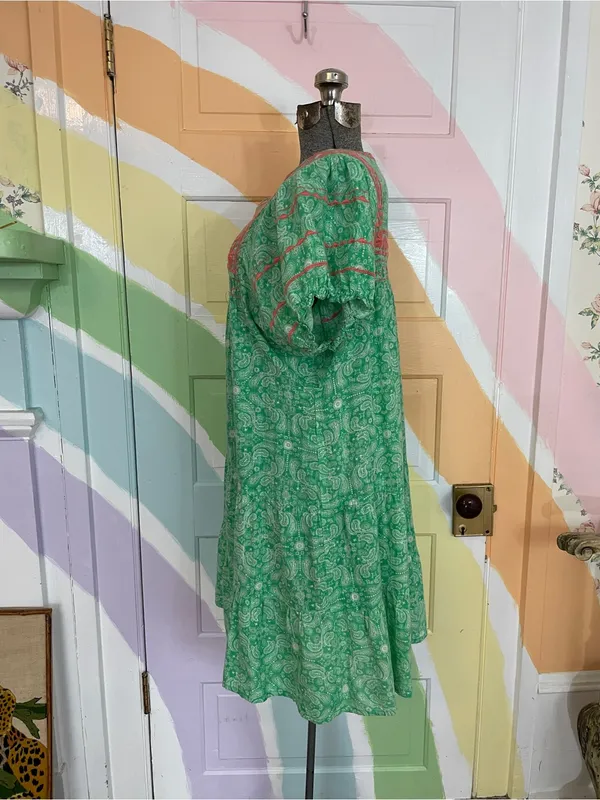 Sister Mary Green Paisley Embroidered Tiered Cotton Mini Boho Dress Sz S 🧡🎀 - Image 4