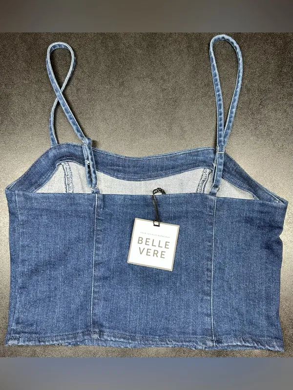 Belle Vere Women's Size S Denim Dark Wash Blue Adjustable Straps Crop Top Shirt - Image 5