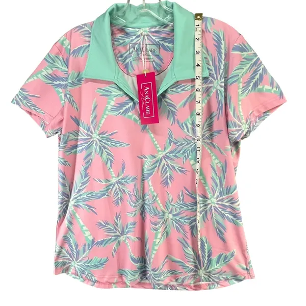 Ana Clare Active Mer Top Pink Paradise Palm Print UPF 50 Golf Polo Shirt‎ Size L - Image 7