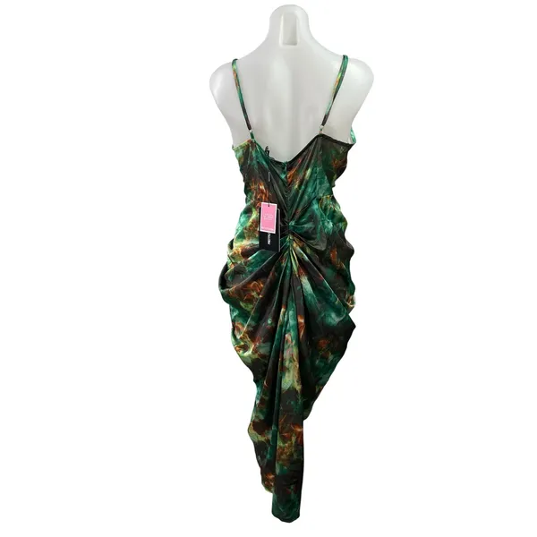 NEW PrettyLittleThing Green Satin Cowl Neck Gathered Sheath Midi Dress Size 8 - Image 3