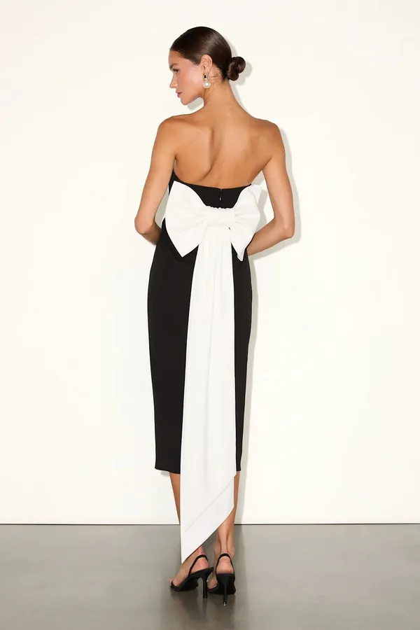 NWOT Lulu's Fabulous Phenomenon Black White Strapless Bow Midi Dress Size Small - Image 2